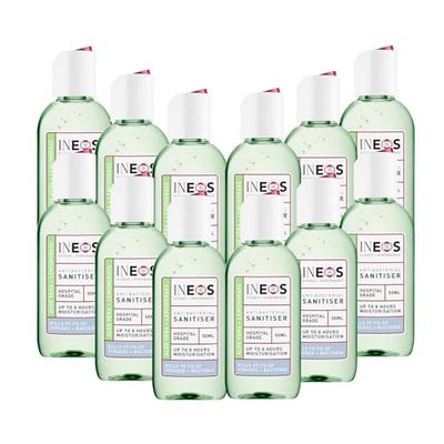 INEOS Mini Antibacterial Hand Sanitiser Gel 50ml - Aloe & Lemongrass - Hospital Grade Disinfectant, Eliminates 99.9% of Viruses and Bacteria, 12 x 50ml, Travel, Holiday, and Festival Essentials