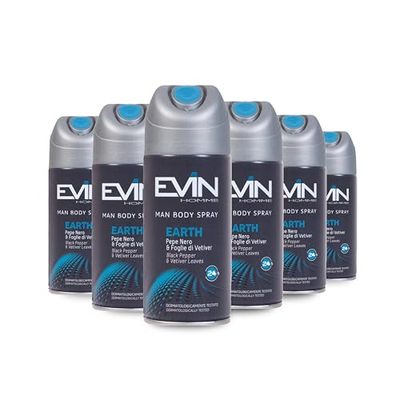 EVIN HOMME | Deodorante Uomo Spray Earth, Fragranza Pepe Nero e Foglie di Vetiver, Durata 24h, 6x150ml