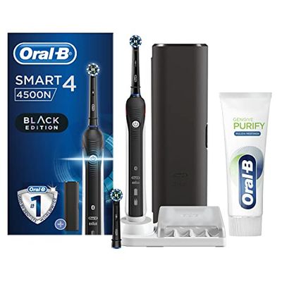 Oral-B Spazzolino Elettrico Ricaricabile Smart 4 4500 CrossAction, Nero, 3 Modalità Di Spazzolamento, 2 Testine, Custodia Da Viaggio Premium + Dentifricio Oral-B Gengive Purify Pulizia Profonda