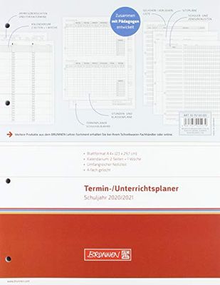 BRUNNEN 1075700001 wekelijkse vervangingskalender/lerarenagenda voor afspraken en onderwijsplanner 2020/2021, 2 pagina's = 1 week, overformaat A4: 23 x 29,7 cm