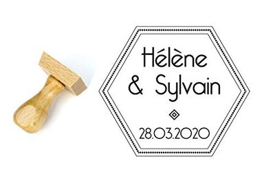 Timbro matrimonio personalizzato stile Art Deco e stile geometrico, forma esagonale 4 cm, con nomi e data