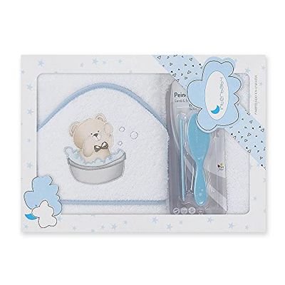 Interbaby Serviette à Capuche pour bébé Osito BAÑERA en Blanc et Bleu avec Set de Brosse et Peigne - 900 g