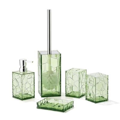 Clear Acrylic Bathroom Accessories Set - Rust-Free, Transparent Design - Includes Soap Dispenser, Toothbrush Holder, Cup, Soap Dish, and Toilet Brush 5-Piece (Saga Green)