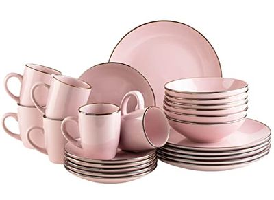 Moderne serviesset voor 6 personen met messingkleurige rand, 24-delig combiservies met randloze coupe-vormen, roze