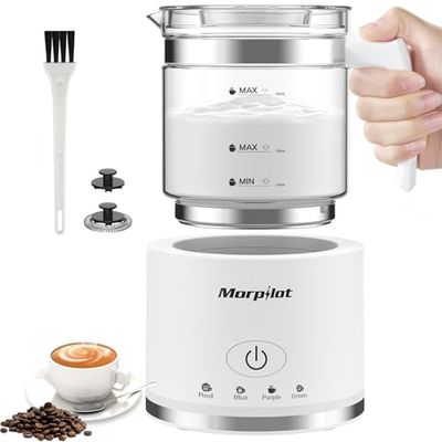 Morpilot Espumador de Leche Eléctrico, 130-500 ml, 600 W, 4 en 1 para Leche Caliente y Fría, Apto para Lavavajillas, Cristal Transparente, Diseño Latte