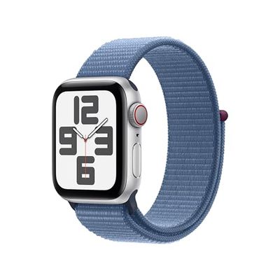 Apple Watch SE (2e generatie, 2023) (GPS + Cellular 40 mm) Smartwatch - Kast van zilverkleurig aluminium - Winterblauw geweven sportbandje. Conditie en slaap bijhouden, ongelukdetectie, CO₂-neutraal