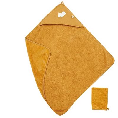 Nattou Serviette de Bain avec Capuche et Gant de Toilette, Chien Charlie, Parfait pour se sécher, Env. 75 x 75 cm, Vegan, Coton/Polyester, Beige