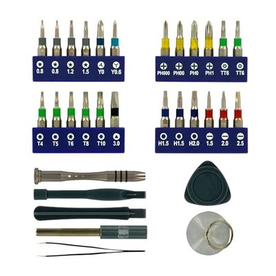 TIVOLY - Kit de Reparación de Smartphone & Tabletas - 32 piezas - Portapuntas + Puntas de atornillar de precisión + Alargador + Ventosa para pantalla + Accesorios de desmontaje
