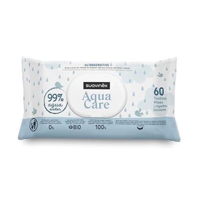 Suavinex, Zestaw 60 chusteczek Aqua Care dla niemowląt, wilgotne chusteczki 99% woda, 0% alkohol i perfumy, 100% włókno roślinne, z aloesem Vera BIO, odpowiednie dla bardzo wrażliwej skóry