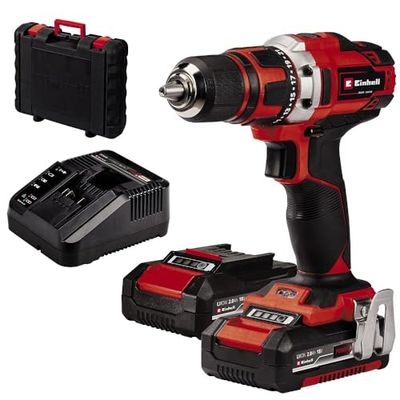 Einhell Taladro con batería TE-CD 18/40-1 Li Kit Power X-Change (18 V, 40 Nm, portabrocas de 13 mm, 2 marchas, 21 niveles de par + etapa de perforación, incl. 2 baterías de 2,0 Ah + cargador)
