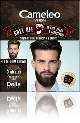 Cameleo - Men Colour Cream - MEDIUM BROWN - Grey OFF Single-Use Colorizer in 2 sachets - for Hair, Beard & Moustache - Easy 5 min Application - Natural Color Effect - 0% Parabens