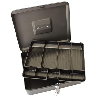 Cathedral Products Key Lockable Cash Box with Lift Out 6 Compartment Coin Tray - 12 Inch - Black