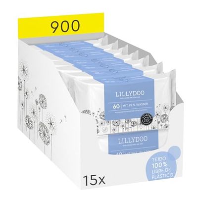 Toallitas húmedas para bebés LILLYDOO con un 99% de agua, 15 paquetes de 60 (900 unidades), 100% libres de plástico sin perfumes y tan suave como el algodón y el agua