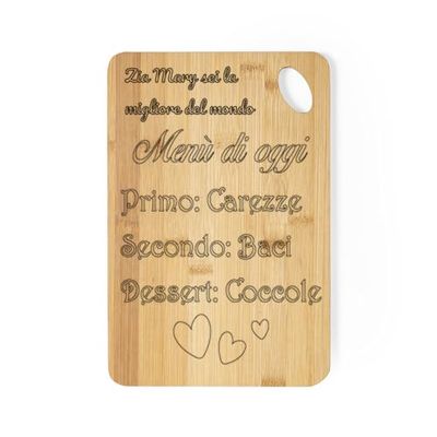 Vestipassioni tagliere PERSONALIZZABILE in legno di bambù con frasi a scelta idea regalo per ogni occasione (Menù di oggi, 15x20cm)