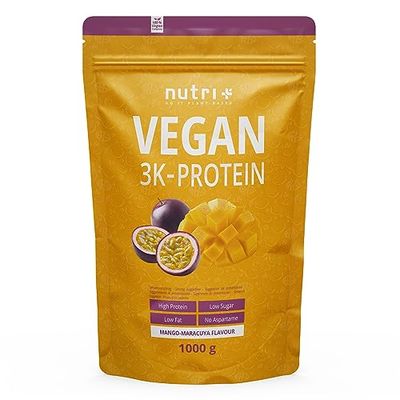 Nutri + Protein Powder Vegan Fruit de la passion et mangue 1kg - 82% de protéines - Nutri-Plus Shape & Shake 3k poudre de protéines végétalien - pour la croissance musculaire