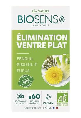 Biosens - Gélule végétale Ventre plat Elimination - Fenouil, Pissenlit et Fucus - Certifié Bio AB Vegan - Fabriqué en France - Actifs 100% Végétaux - Programme de 30 jours - 60 gélules