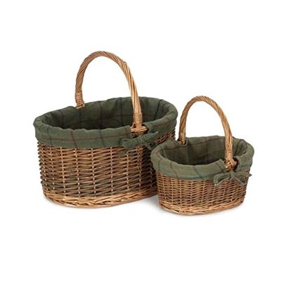 Red Hamper C082-083G Wicker Set of 2 Green Tweed Lined Country Oval Shopping Basket