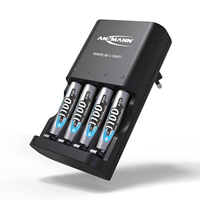 ANSMANN Powerline 4 Smart - Cargador de batería para baterías 1-4 AA y AAA (Incluye 4 baterías Ansmann NiMH AAA 1100, para baterías NiCd y NiMH con Control de bahía Individual)
