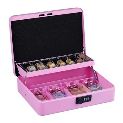 Relaxdays Caja Dinero, Combinación 3 Números, Bandeja para Monedas, Cajita Hierro, 8,5 x 30,5 x 25 cm, Rosa, Acero