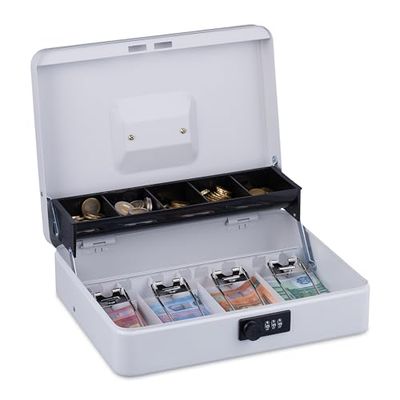 Relaxdays Caja Dinero, Combinación 3 Números, Bandeja para Monedas y 4 Espacios para Billetes, Cajita Efectivo, Blanco, Hierro, 8,5 x 30,5 x 24,5 cm