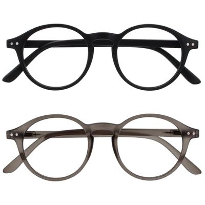 OPULIZE REY Reading Glasses - 2-Pack - Retro Round Frame - Matt Black, Grey - Mens Womens - Spring Hinges - RR56-17 - +2.50