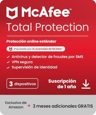 McAfee Total Protection para 3 dispositivos, 2025 |15 meses | VPN segura, el software de seguridad incluye antivirus, gestor de contraseñas, supervisión de identidad | Descarga digital