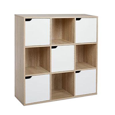 Meerveil Opbergkast met 9 kubussen en 3 niveaus, boekenkast met 5 deuren, houten boekenplank, vitrinekast voor woonkamer, slaapkamer, thuiskantoor, 90 x 30 x 90 cm, eiken en wit