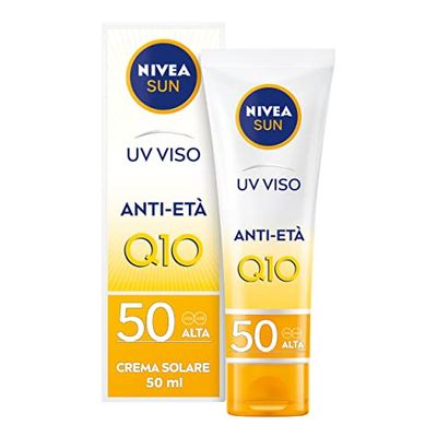 NIVEA SUN UV Viso Anti-Età FP 50 in tubetto da 50 ml,Crema viso antirughe con Coenzima Q10, Crema solare viso 50 per uso giornaliero, Crema antimacchia viso con azione anti-età