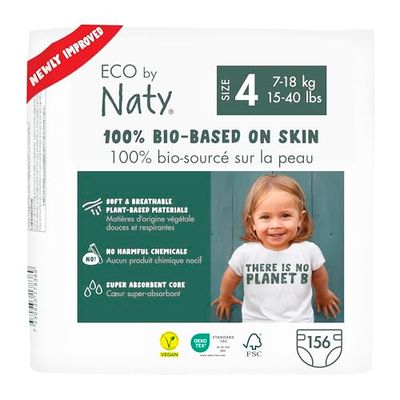 Eco by Naty Couches pour bébés - Couches écologiques à base de plantes, idéales pour la peau sensible de bébé et aidant à prévenir les pertes (taille 4, 156 unités)