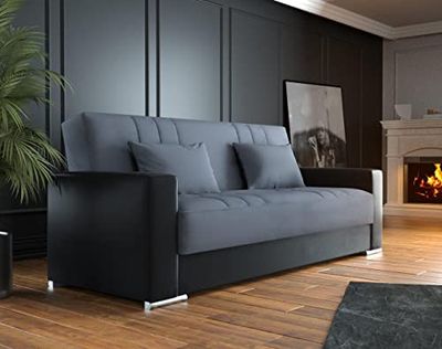 Dmora Divano Letto Contenitore a 3 posti, con 2 Cuscini Inclusi, 230 x96x 101h cm, Color Nero e Grigio