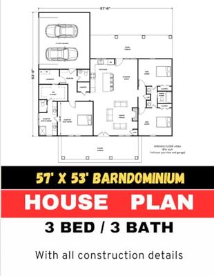 57' x 53' Custom Barndominium House Plan : 3 Bedroom & 3 Bathroom with AutoCAD File: With all Construction Details