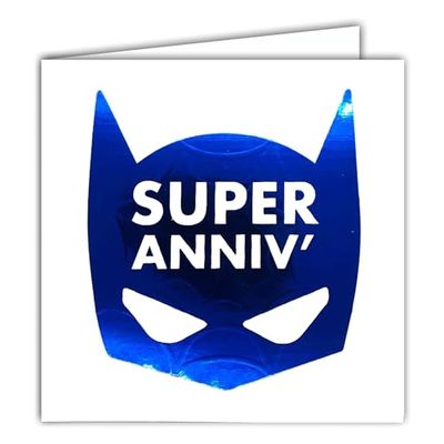 22227 Super Birthday Superhero Mask Batman Glossy Blue Square Card with White Envelope 15 x 15 cm - Creation Edition Print Made in France - Dream of Words Collection