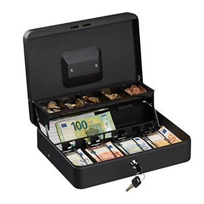 Relaxdays Caja Dinero con Llave, Bandeja Monedas y 4 Compartimentos Billetes, Cajita Hierro, 8,5x30,5x24,5 cm, Negro