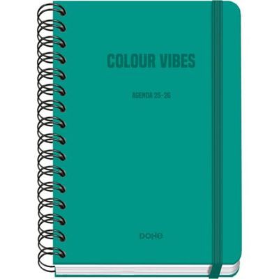 Dohe - Agenda Scolaire 2025 2026 - Semainier, Taille A5 (15x21 cm), Espagnol et Anglais, Fermeture à Spirale Double et Élastique, Couverture Rigide, 4 Pages d'Autocollants - COLOUR VIBES Vert