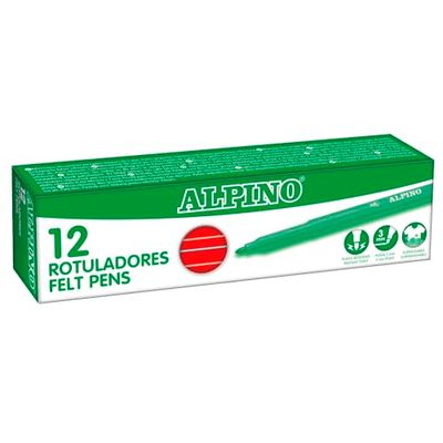 Alpino Verpakking met 12 viltstiften, standaard, rood, wasbaar voor kinderen, glanzend, ideaal voor school, zeer robuuste vezelpunt en veilige inkt op waterbasis