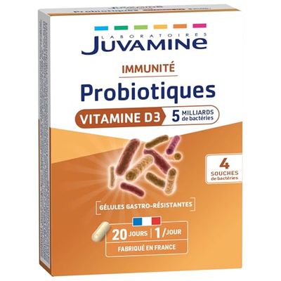 JUVAMINE - Probiotiques et Vitamine D - Soutient l'Immunité - 5 Milliards de Bactéries et 4 Souches Différentes - 20 Gélules Gastro-Résistantes - Fabriqué en France