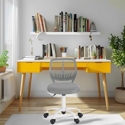 FurnitureR Silla de Trabajo para Adolescentes y niñas, giratoria de 360 Grados, Baja y Media de Malla de Polipropileno, Asiento Trasero de Tela, Altura Ajustable, Ruedas rodantes, Tela Gris