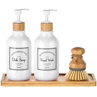 Juego de 4 dispensadores de jabón de cocina de 16 onzas con bomba de bambú, bandeja de jabón y cepillo para platos, dispensador de jabón de baño con etiquetas impermeables para jabón de manos y loción