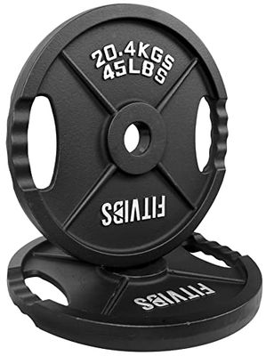 Signature Fitness Olympic - Placa de hierro fundido de 5 cm para entrenamiento de fuerza y levantamiento de pesas, estilo de dos agujeros, par de 45 libras