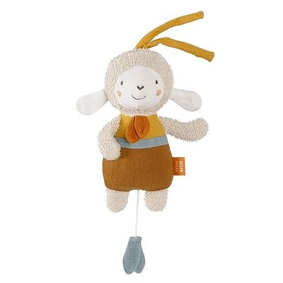 Fehn mini caja de música oveja NATUR, peluche y ayuda para dormir con algodón (orgánico), melodía "Weißt du wieviel Sternlein stehen", juguete para llevar y en casa, para bebés y niños pequeños