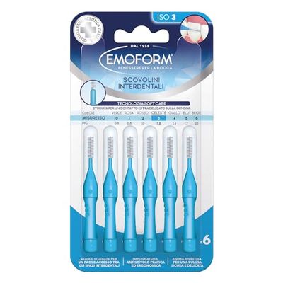 Scovolino Interdentale Emoform Celesete 6 Pz. con Tecnologia SoftCare per un Contatto Extra Delicato sulle Gengive grazie alle Setole Morbide - Impugnatura Antiscivolo con Cappuccio per l'igiene Orale