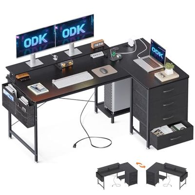 ODK Hoekbureau, L Vormig Bureau met 2 USB-laadpunten en 2 Stopcontacten, Omkeerbaar Computerbureau met 4 Laden en Schermplank Home Office (Zwart, 140x80x84.7cm)
