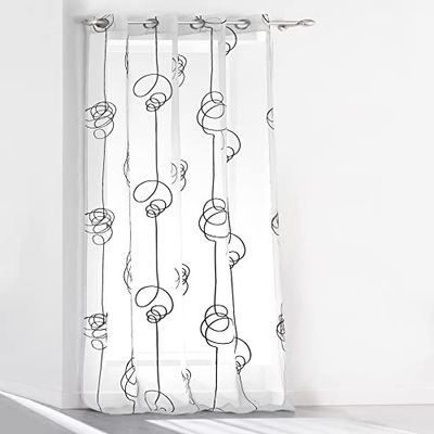 Douceur D'Intérieur 1622788 Visillo com anéis, looping, viseira estampada, transferência, branco/preto, 140 x 240 cm