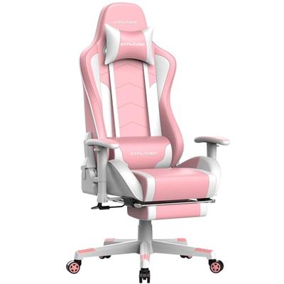 GTPLAYER Sedia da gaming, con poggiapiedi, altoparlante Bluetooth, ergonomica, da ufficio, da scrivania, con schienale regolabile, portata 150 kg, colore: rosa