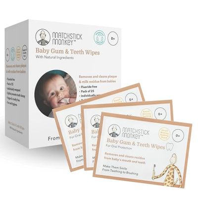 Matchstick Monkey Baby Gum & Teeth Wipes, Gently Remove Milk Sugars & Residue, Flouride-Free Wipes Prevent Plaque Buildup, 0 Months +, Pack of 25 Wipes