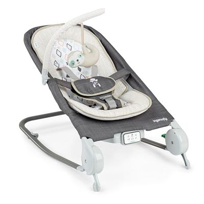 Ingenuity, Asiento Happy Belly "De Hamaca a Mecedora", Música, Vibración, Barra de Juguetes Desmontable, Juguete de Peluche de Perezoso, 0-6 Meses, Gris - Parker
