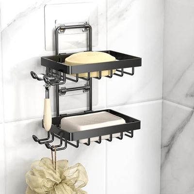 Moforoco Portasapone doppio per doccia, senza foratura, in acciaio inox 304, montaggio a parete, con 4 ganci e porta rasoio, portasapone da doccia per bagno e cucina