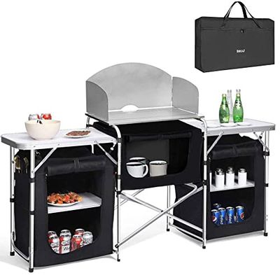 Bakaji Bärbar Camping Köksbord Hopfällbar Aluminium Med Paravent och 2 fack Fabric Förvaringsskåp Svart 173,5 x 49 x 111 cm