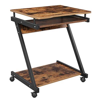 VASAGLE Computertafel, Z-vormig bureau, compact, eenvoudige montage, zwenkwielen met remmen, toetsenbordlade, studeerkamer, kantoor, vintage-bruin en zwart