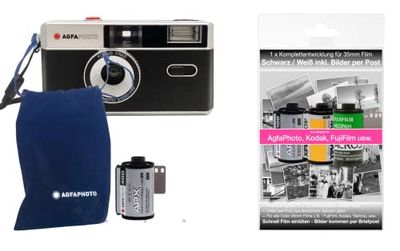 AgfaPhoto - Fotocamera analogica da 35 mm set con pellicola negativa in bianco e nero, batteria + negativo + sviluppo di immagini per posta